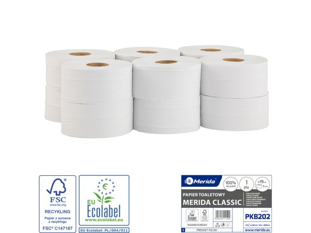 Papier toaletowy MERIDA CLASSIC, biały, średnica 19 cm, długość 220 m, jednowarstwowy, zgrzewka 12 szt.